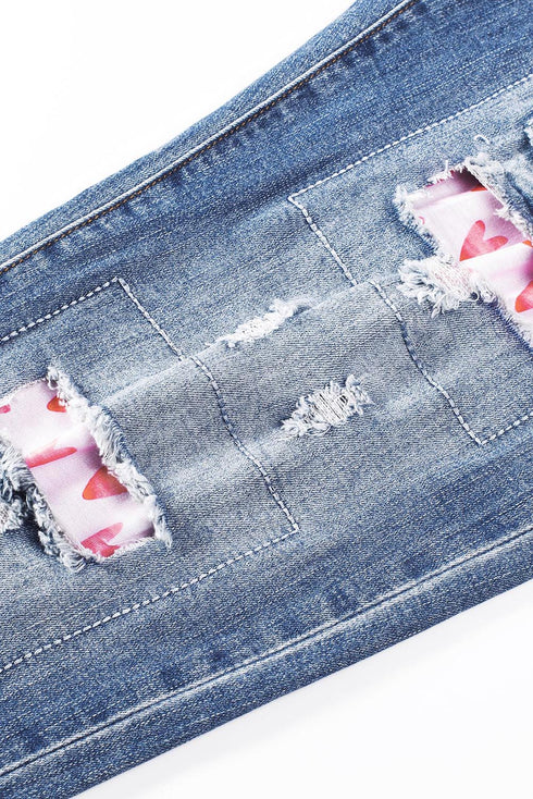 Sky Blue Valentine'S Day Heart Patchwork Jeans